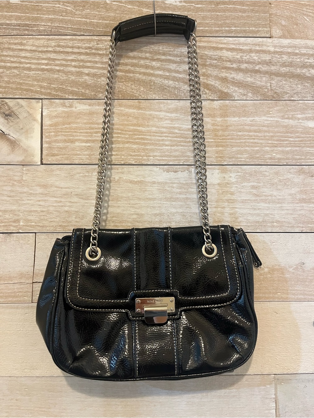 Y2K Nine West Black Patent Shoulder Bag with Silver Chain